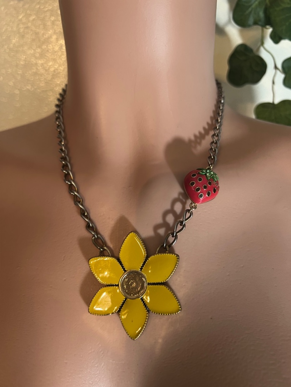 Betsey Johnson Yellow Flower Necklace with Red Strawberry Charm